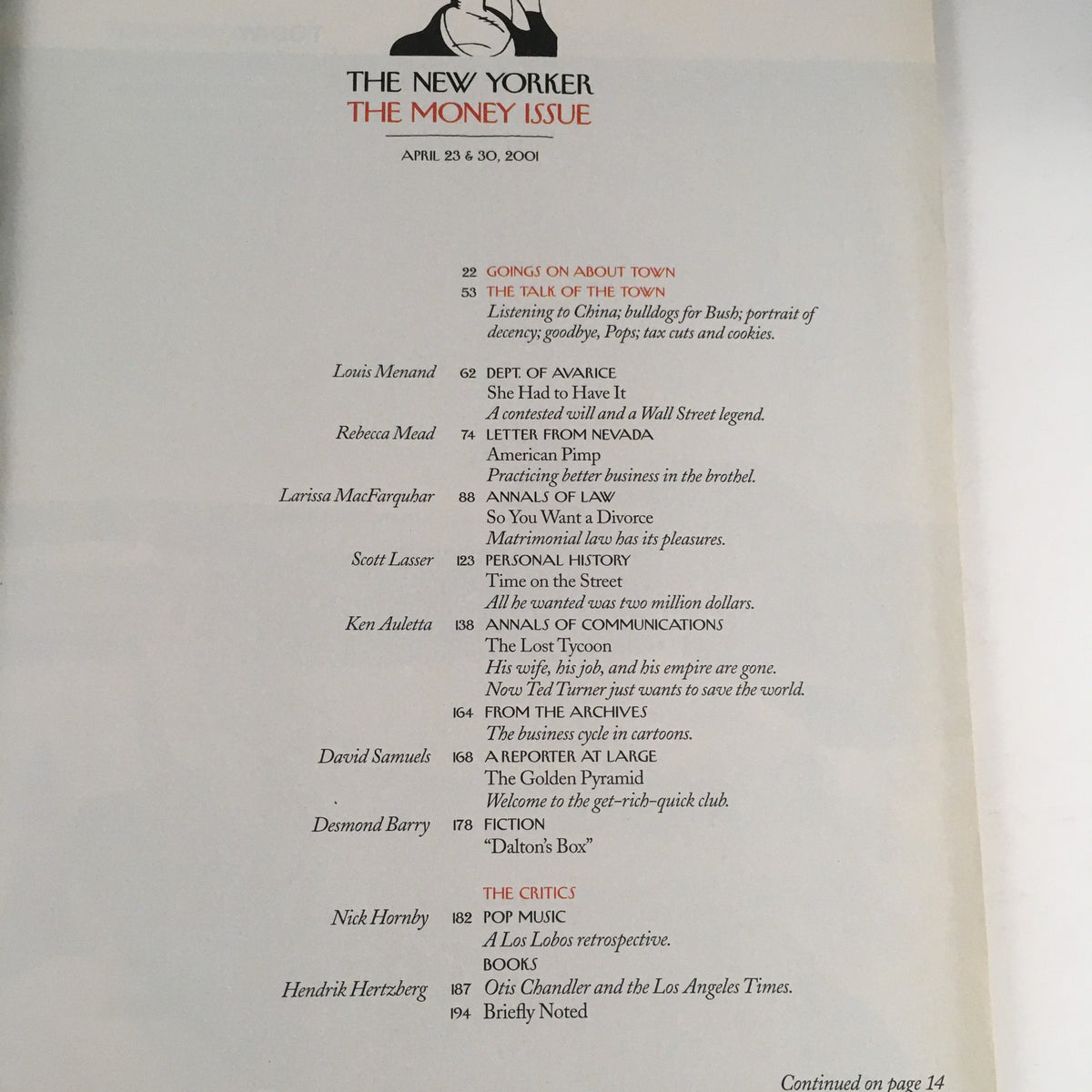 The New Yorker Full Magazine April 23 2001, interior page showing the table of contents, highlighting articles and features of the money issue.