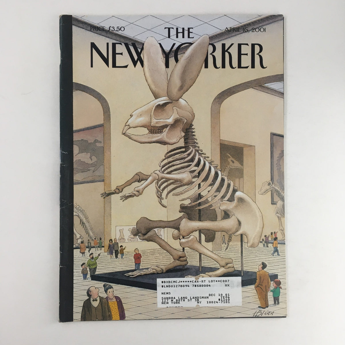 Cover of The New Yorker April 16 2001 featuring a theme illustration by Harry Bliss depicting a large rabbit skeleton in a museum setting.