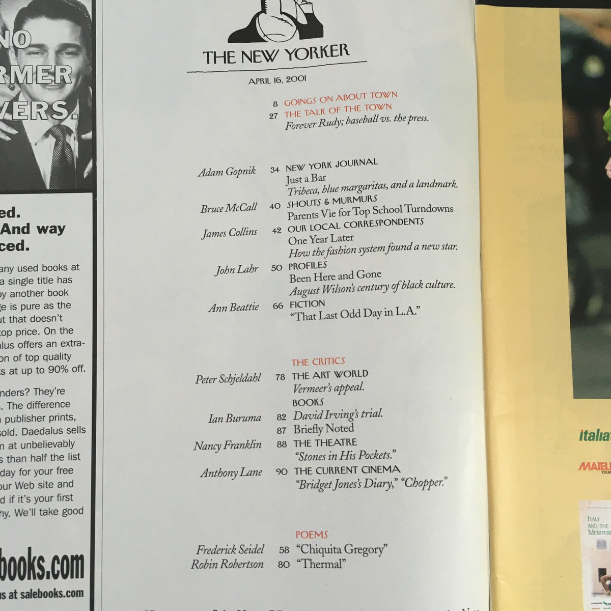 Contents page of The New Yorker April 16 2001 highlighting various articles and column titles in the magazine.