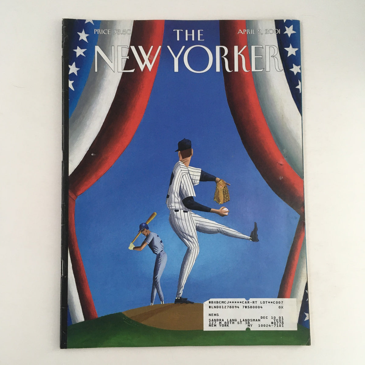 The New Yorker Full Magazine April 2 2001 cover featuring Opening Day illustration by Mark Ulriksen, showcasing a baseball player pitching on a vibrant background.