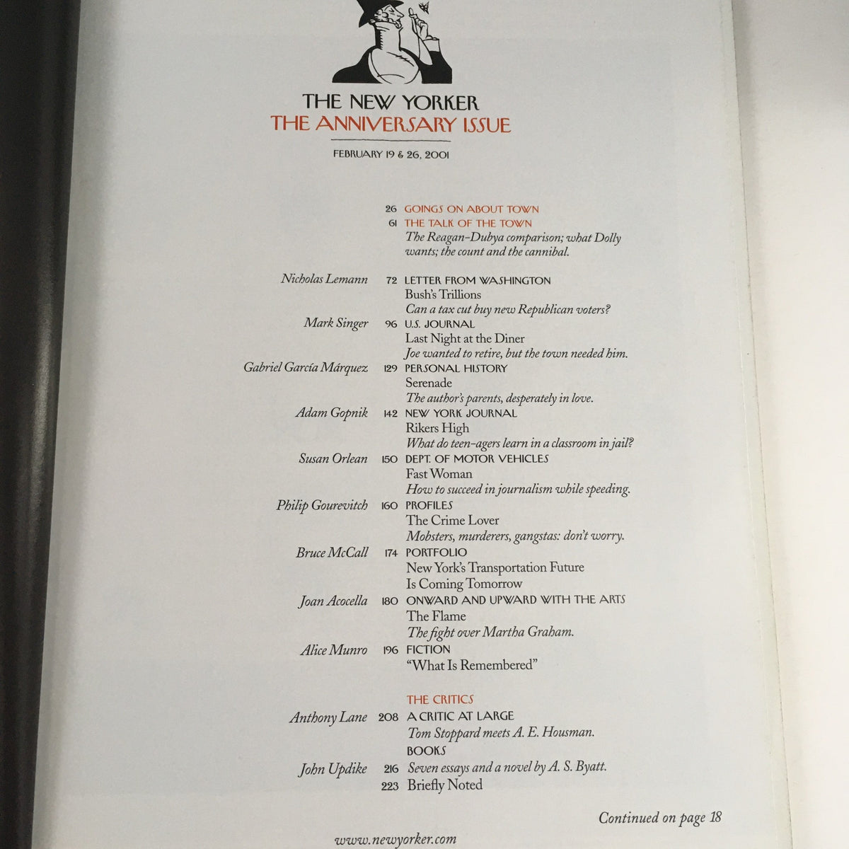 Table of contents from The New Yorker Full Magazine February 19 2001, featuring articles such as 'Going On About Town', 'Letters from Washington', and more from prominent writers.
