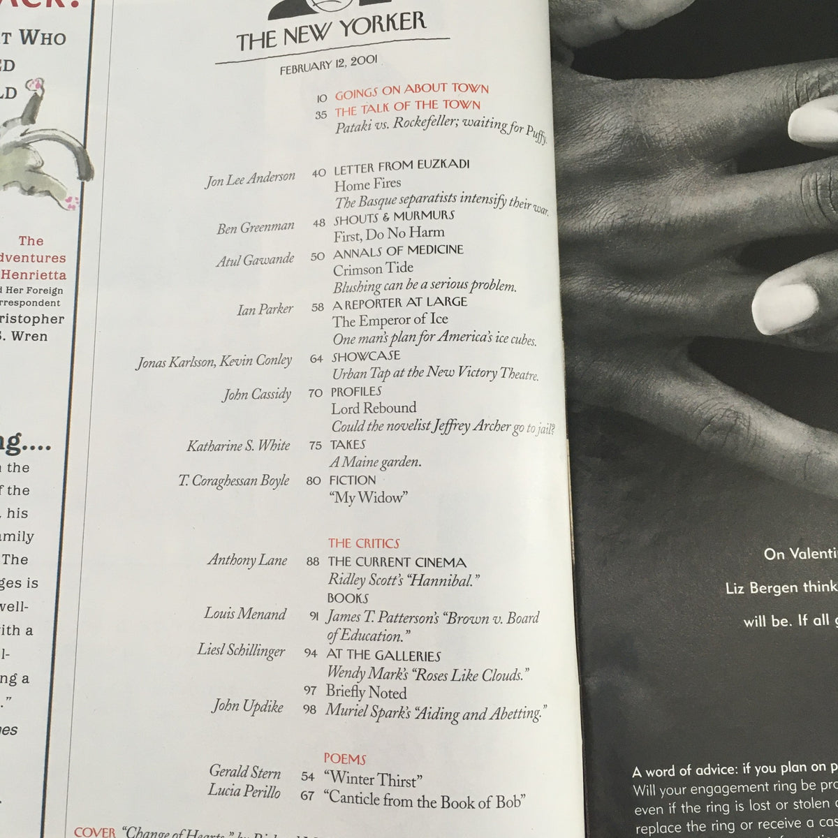 An interior page of The New Yorker Full Magazine February 12 2001, showcasing notable articles and features including 'Going On About Town' and 'The Talk of the Town', reflecting the magazine's insightful journalism from early 2000s.
