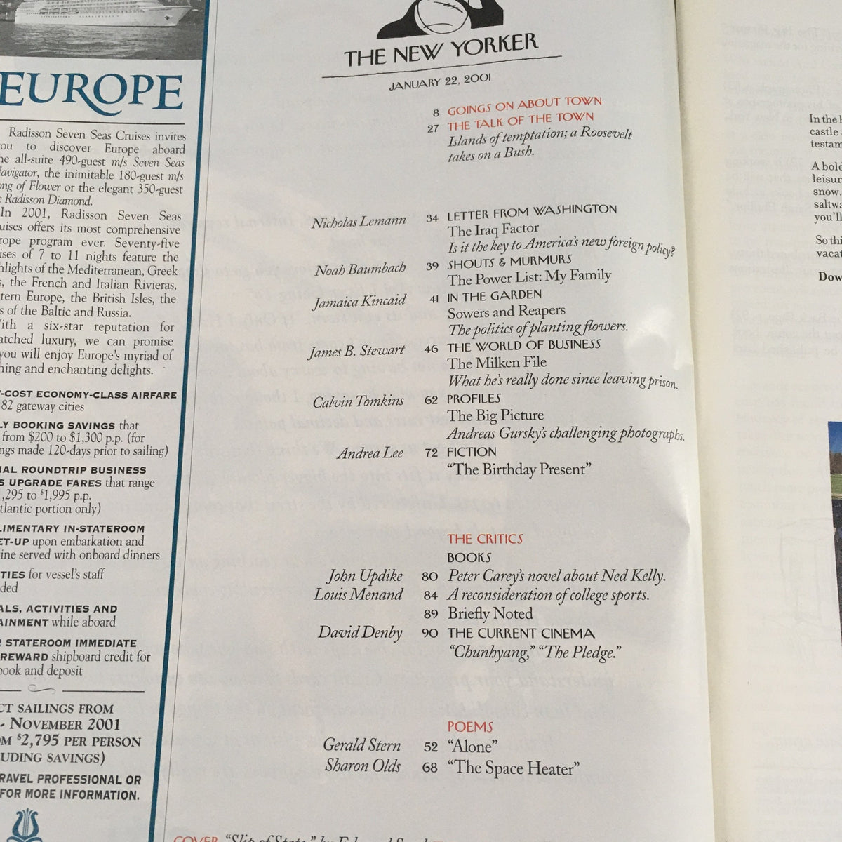 Interior page of The New Yorker Full Magazine January 22, 2001, displaying the table of contents and articles including 'Going On About Town' and other notable features.