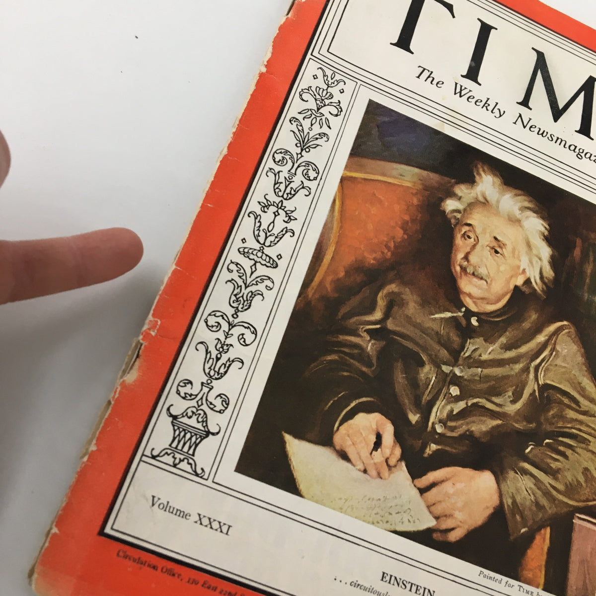 Cover image of VTG Time Magazine Vol. 31 No. 14 April 4 1938 featuring physicist Albert Einstein, showcasing a painted portrait of Einstein sitting and writing.