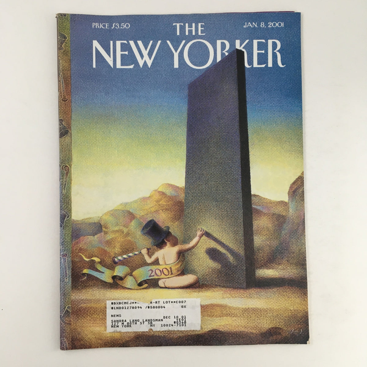 Cover of The New Yorker Full Magazine January 8, 2001 featuring artwork by Raul Colón, depicting a surreal landscape and a child with a sign reading '2001' next to a large monolith.
