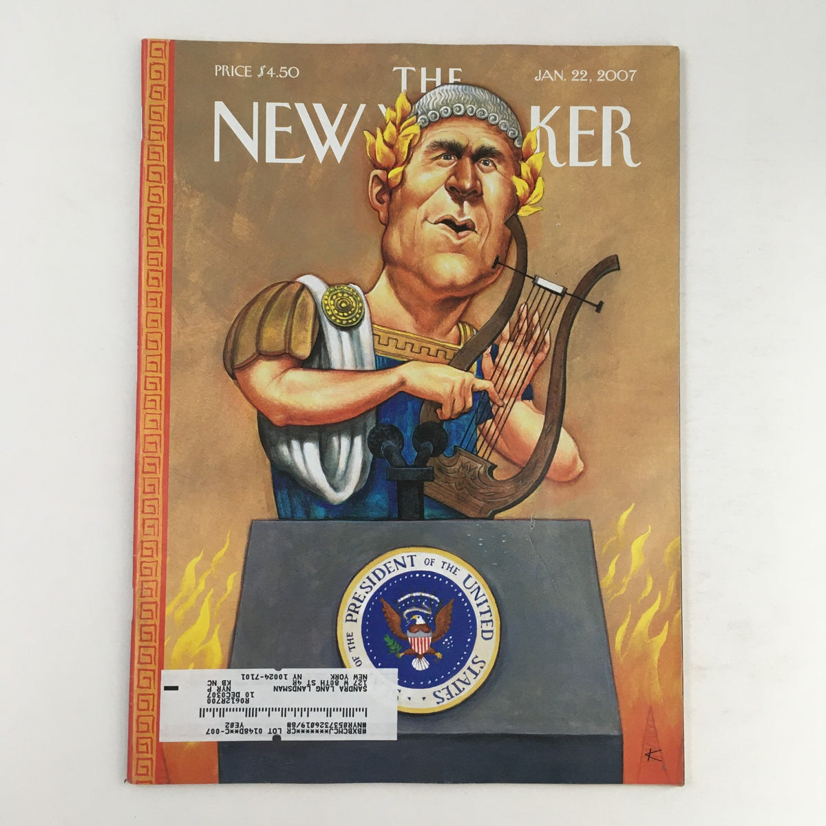 The New Yorker Full Magazine January 22 2007 cover art featuring a satirical illustration of a Roman emperor, symbolizing contemporary political commentary by Anita Kunz.