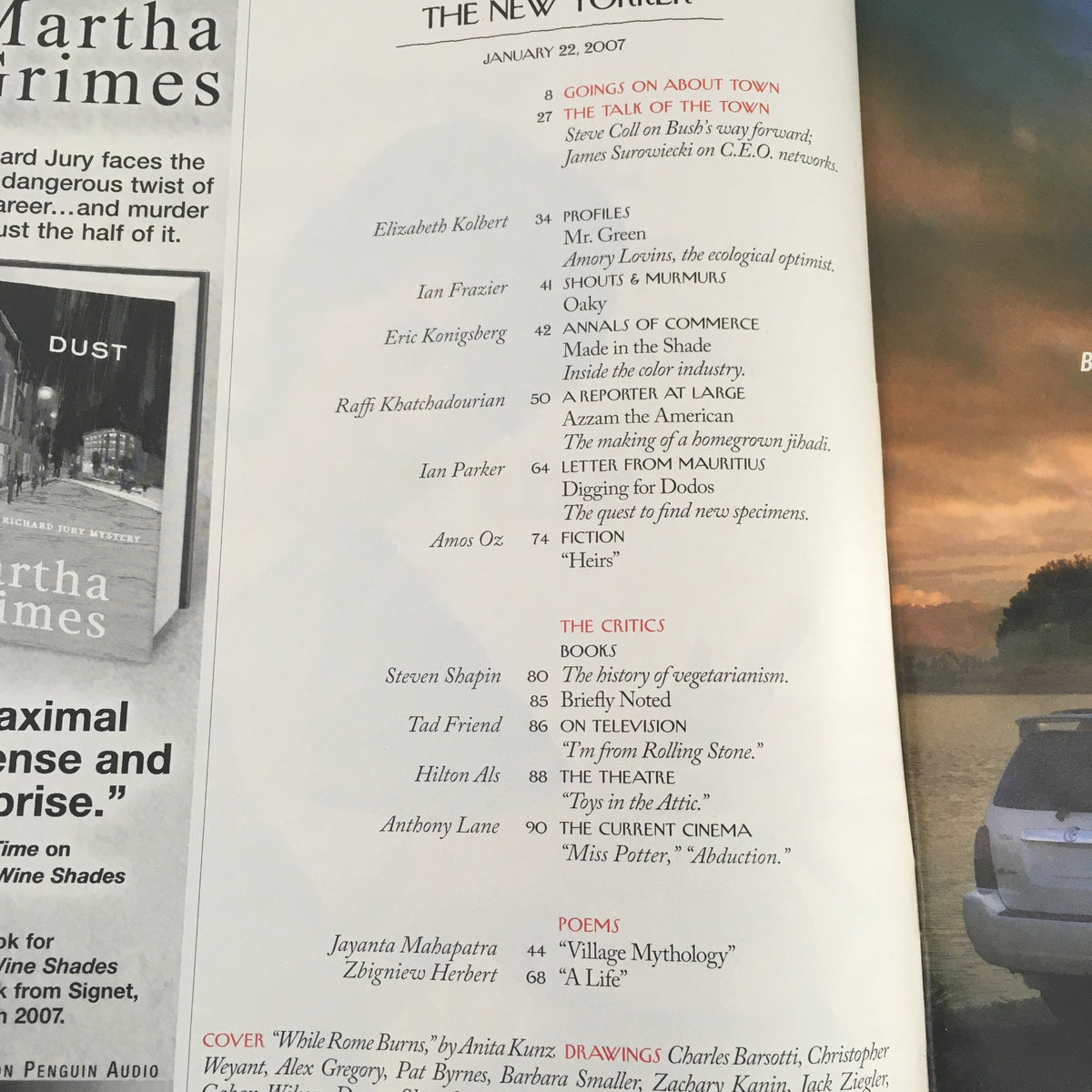 Inside pages of The New Yorker Full Magazine January 22 2007 showcasing the table of contents, highlighting articles and contributions relevant to the cultural discussions of 2007.