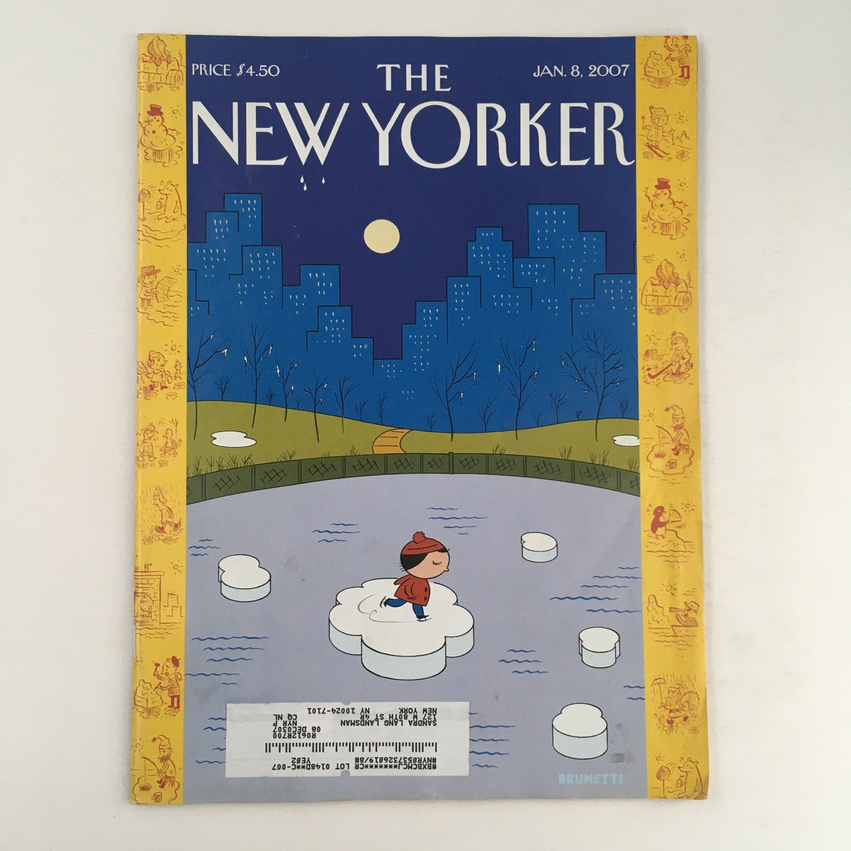 The New Yorker Full Magazine January 8 2007 featuring the cartoon 'On Thin Ice' by Ivan Brunetti, showcasing a charming winter scene with a child on ice and a city skyline.