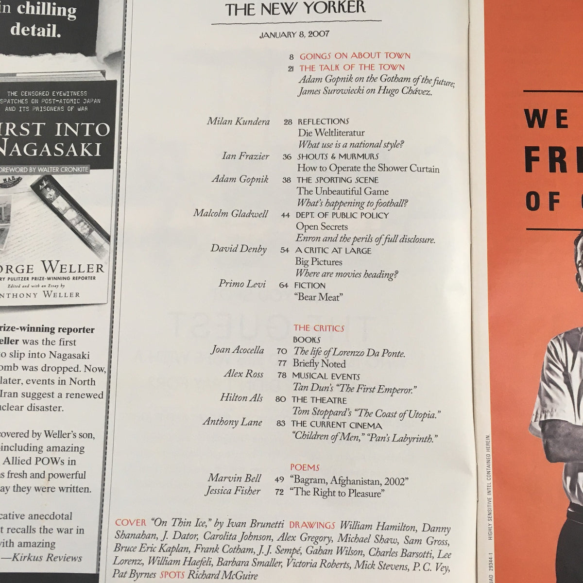 Table of contents from The New Yorker magazine, January 8, 2007, featuring the cartoon "On Thin Ice" by Ivan Brunetti, along with a list of contributors and feature articles.