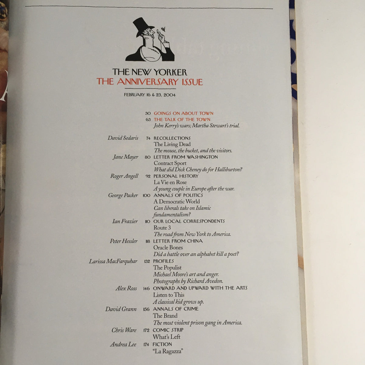 The New Yorker Full Magazine February 16 2004 table of contents page, listing featured articles including 'Going on About Town' and 'Reflections'.