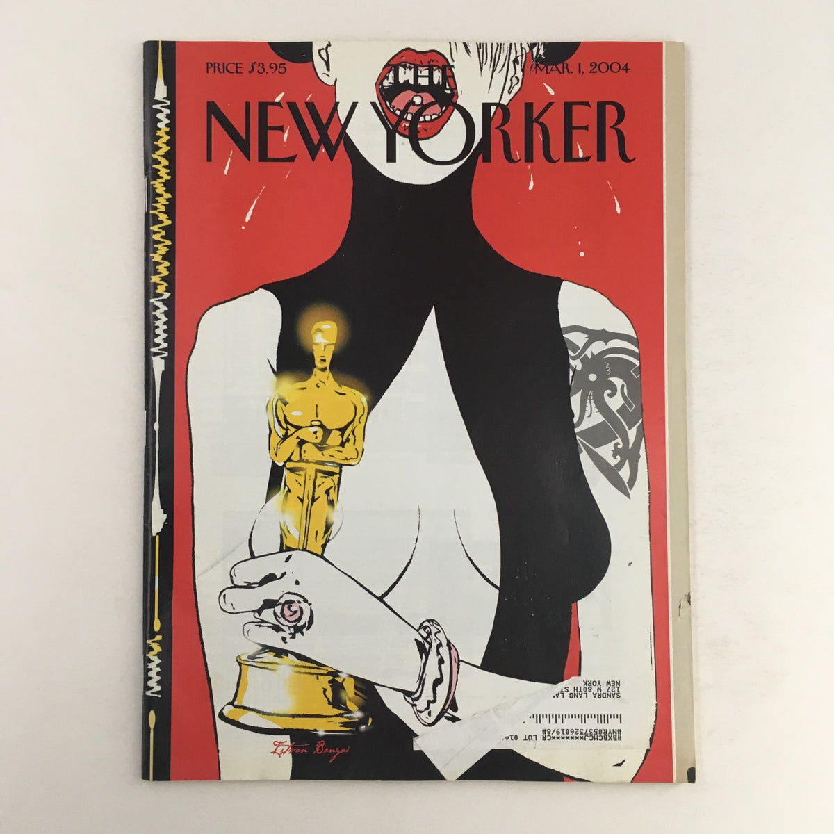 Cover of The New Yorker magazine from March 1, 2004, illustrating the 'Wardrobe Malfunction' theme by Istvan Banyai, featuring a striking design with an Oscar statuette.