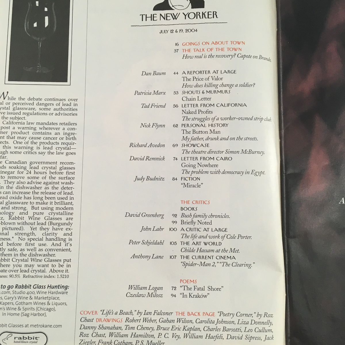 The New Yorker magazine interior page from July 12, 2004, displaying contents including articles, poems, and a detailed listing of featured writers and topics.