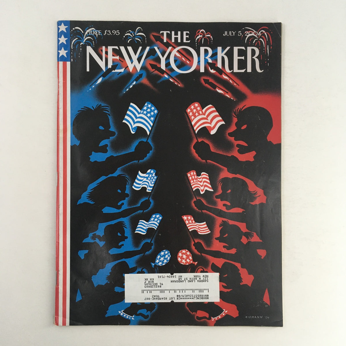Cover of The New Yorker Full Magazine July 5 2004 featuring a striking illustration by Christoph Niemann, depicting the Declaration of Independence, with silhouettes of figures and American flags.