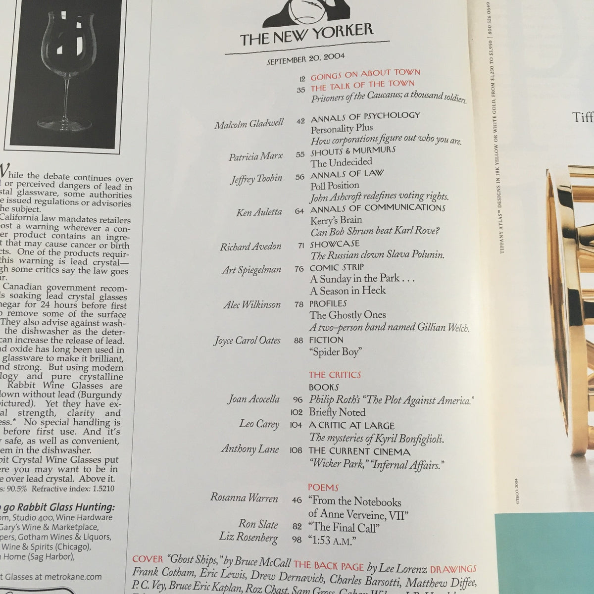 Table of contents page from The New Yorker Full Magazine September 20, 2004, listing articles including 'Ghost Ships' by Bruce McCall and other contributors.