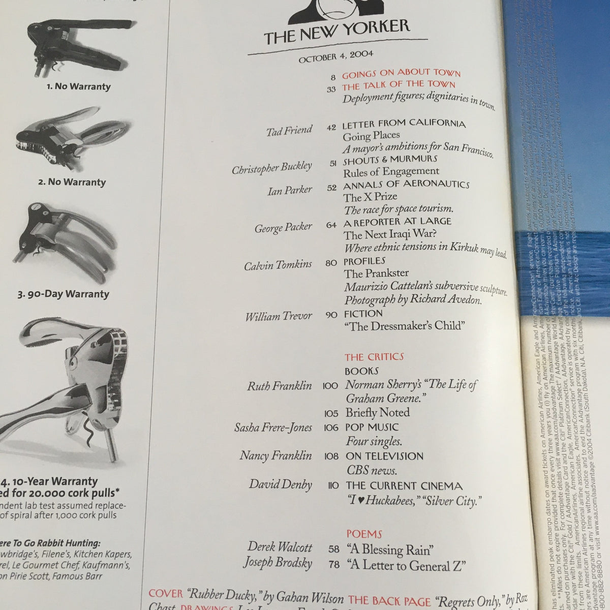 Page from The New Yorker Full Magazine October 4, 2004 featuring table of contents with articles and authors, including 'Goes on About Town', 'Profiles', and 'The Critics'. Illustrated cover 'Rubber Ducky' by Gahan Wilson.