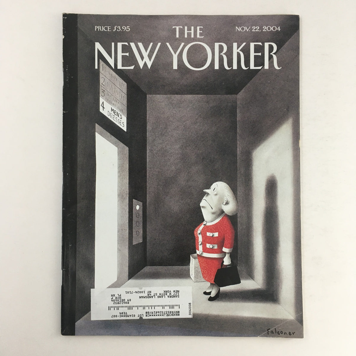 Cover of The New Yorker magazine, November 22, 2004, titled 'Wrong Floor' by Ian Falconer, featuring a whimsical illustration of a confused woman in an elevator.