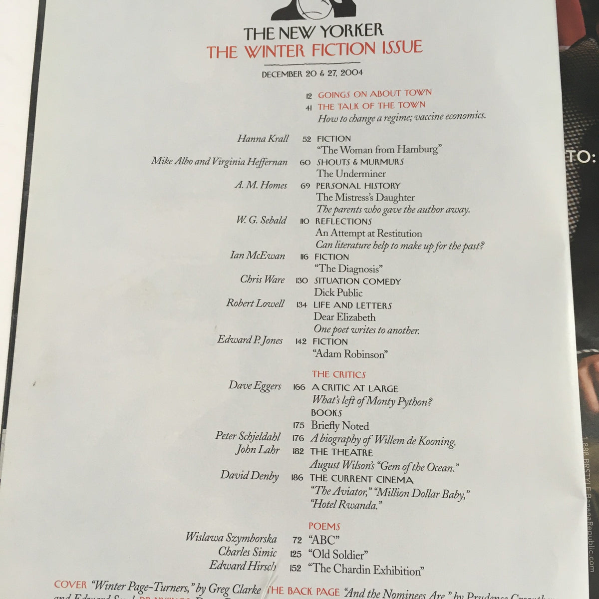The New Yorker Full Magazine December 20 2004 Winter Fiction Issue table of contents, highlighting various literary contributions and features within the magazine.