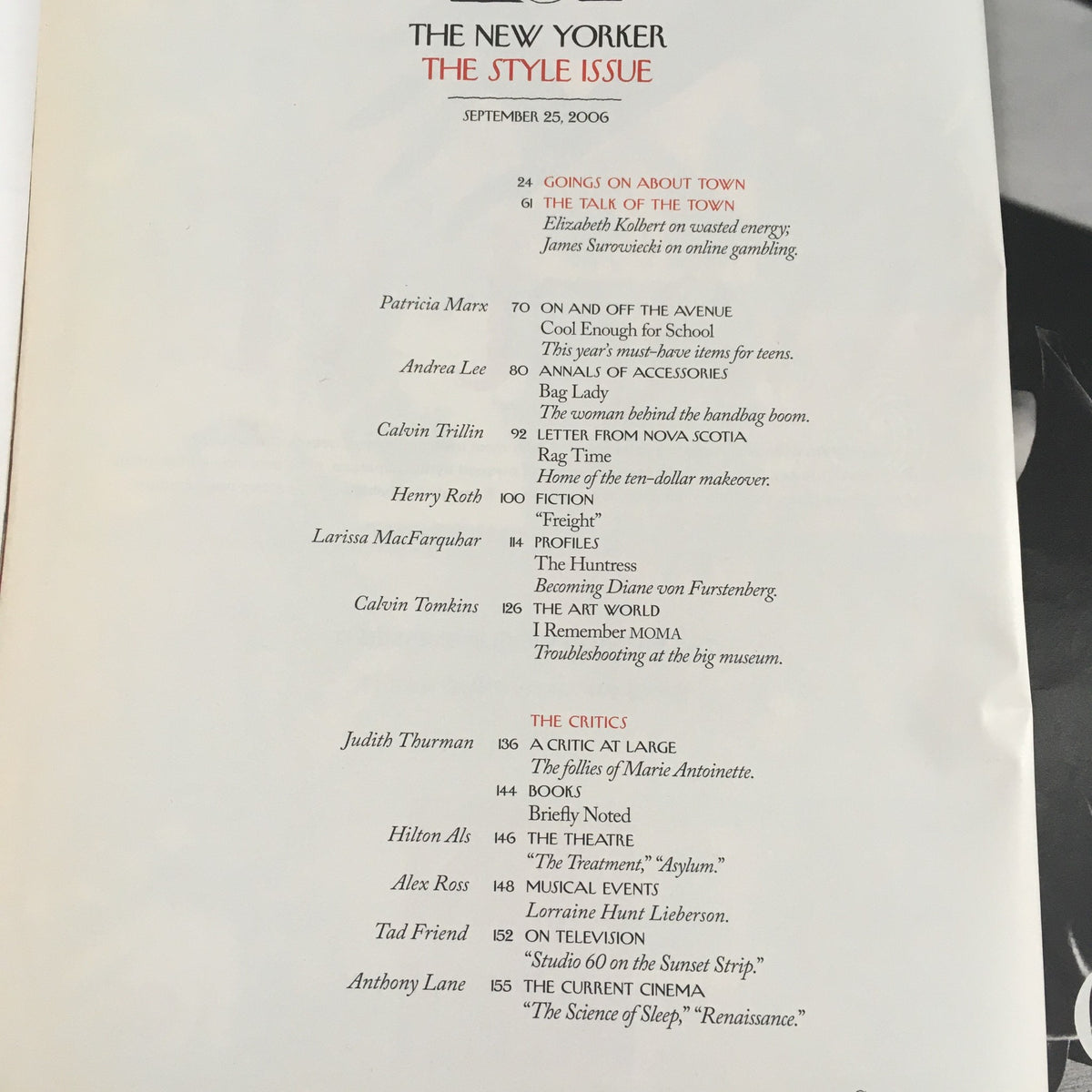 Contents page of The New Yorker Full Magazine September 25 2006, listing articles including 'Going On About Town' and 'The Critics', highlighting its unique cultural insights.