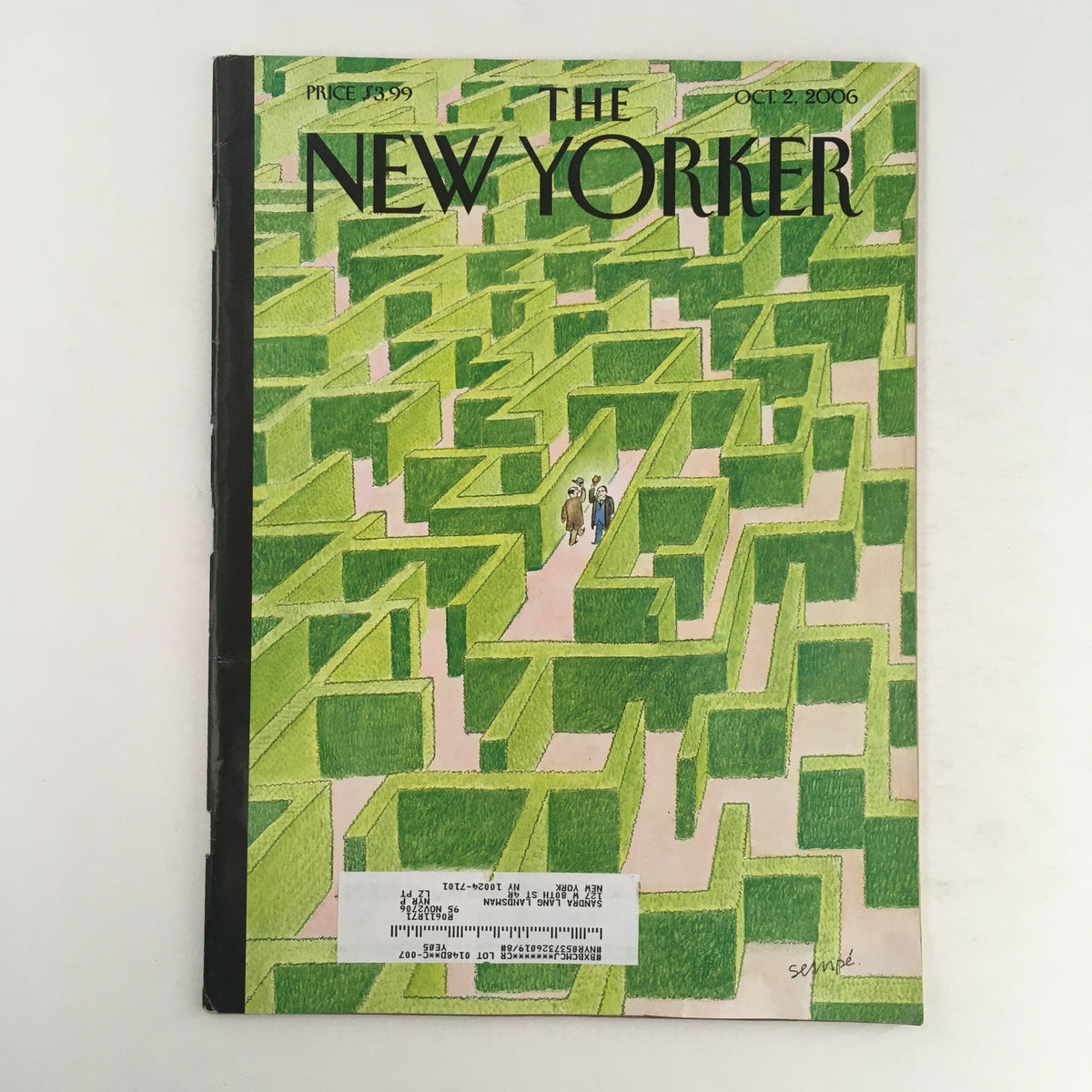 The New Yorker Full Magazine October 2 2006 cover featuring the artwork 'Chance Encounter' by Jean-Jacques Sempé, depicting a maze with two figures walking through.