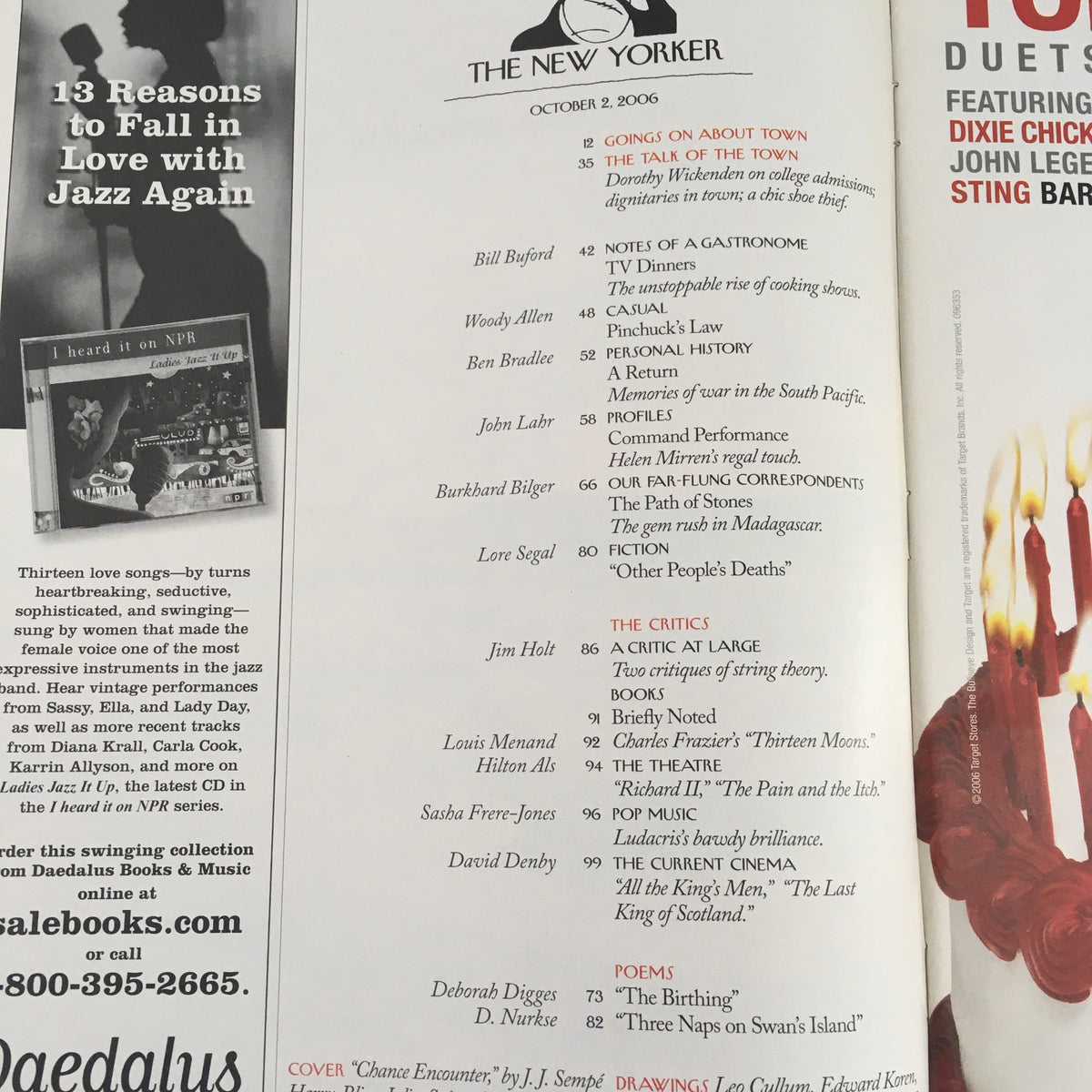 Inside page of The New Yorker Full Magazine October 2 2006, showcasing the table of contents with various articles and features listed.