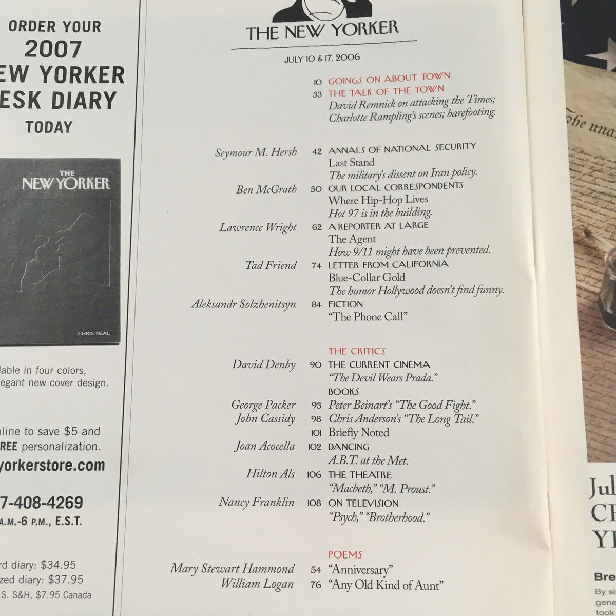 Inside page of The New Yorker Full Magazine July 10 2006 featuring various articles and contents, including references to notable figures and topics, highlighting the editorial style of the publication.