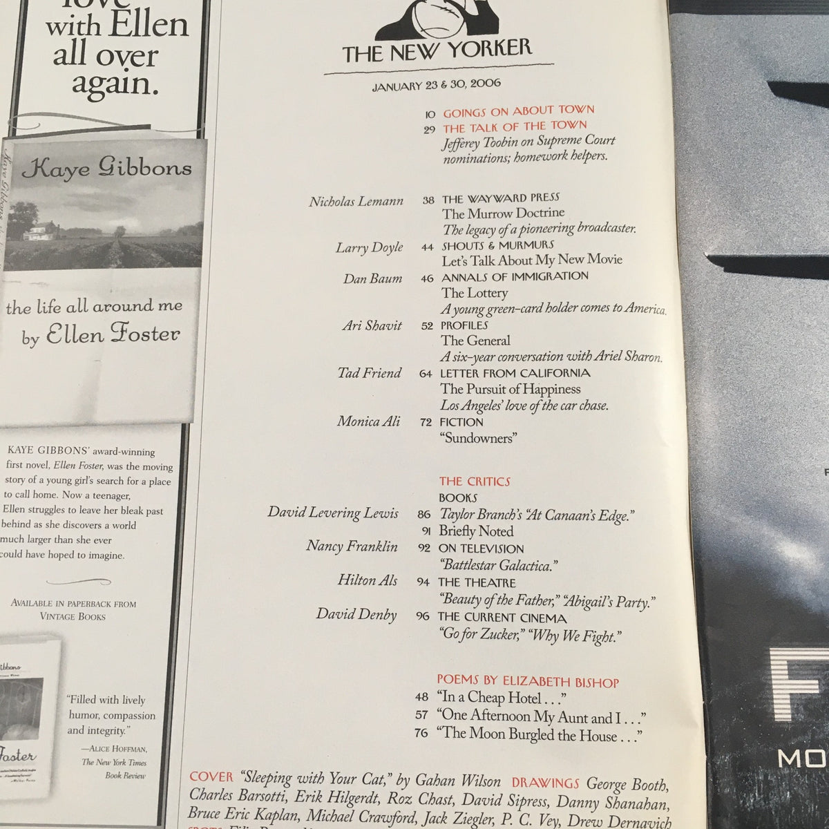 Table of contents from The New Yorker magazine, January 23, 2006, listing various articles and contributions including 'The Talk of the Town' and literary pieces featuring authors such as Elizabeth Bishop and Gahan Wilson.