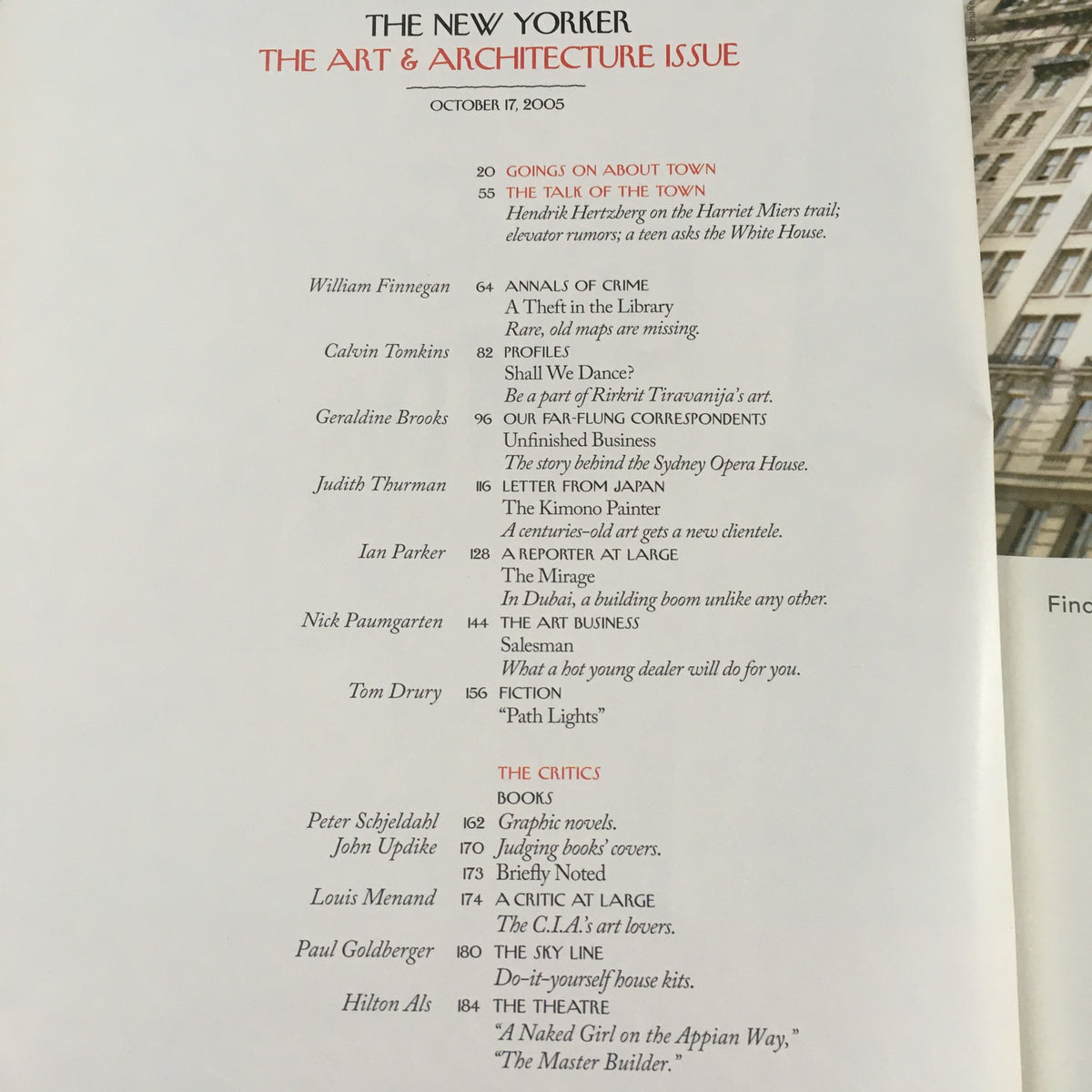 Table of contents page from The New Yorker Magazine October 17 2005, detailing articles and features including commentary on the Harriet Miers nomination and other insightful pieces.