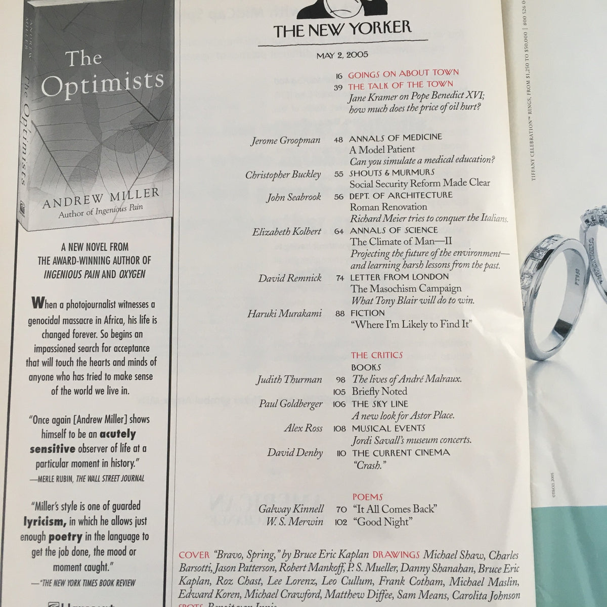 Interior page from The New Yorker May 2 2005 showcasing articles, including 'The Optimists' by Andrew Miller and other notable content.