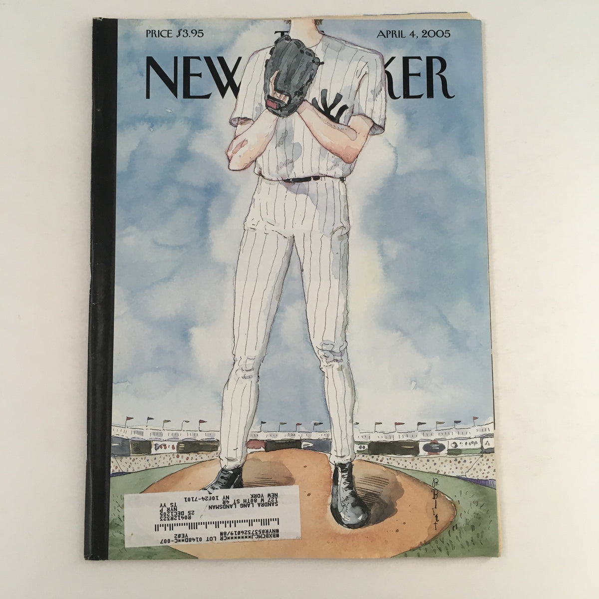 Cover of The New Yorker magazine, April 4, 2005, featuring 'Over the Top' artwork by Barry Blitt, depicting a figure in baseball attire on a baseball field.