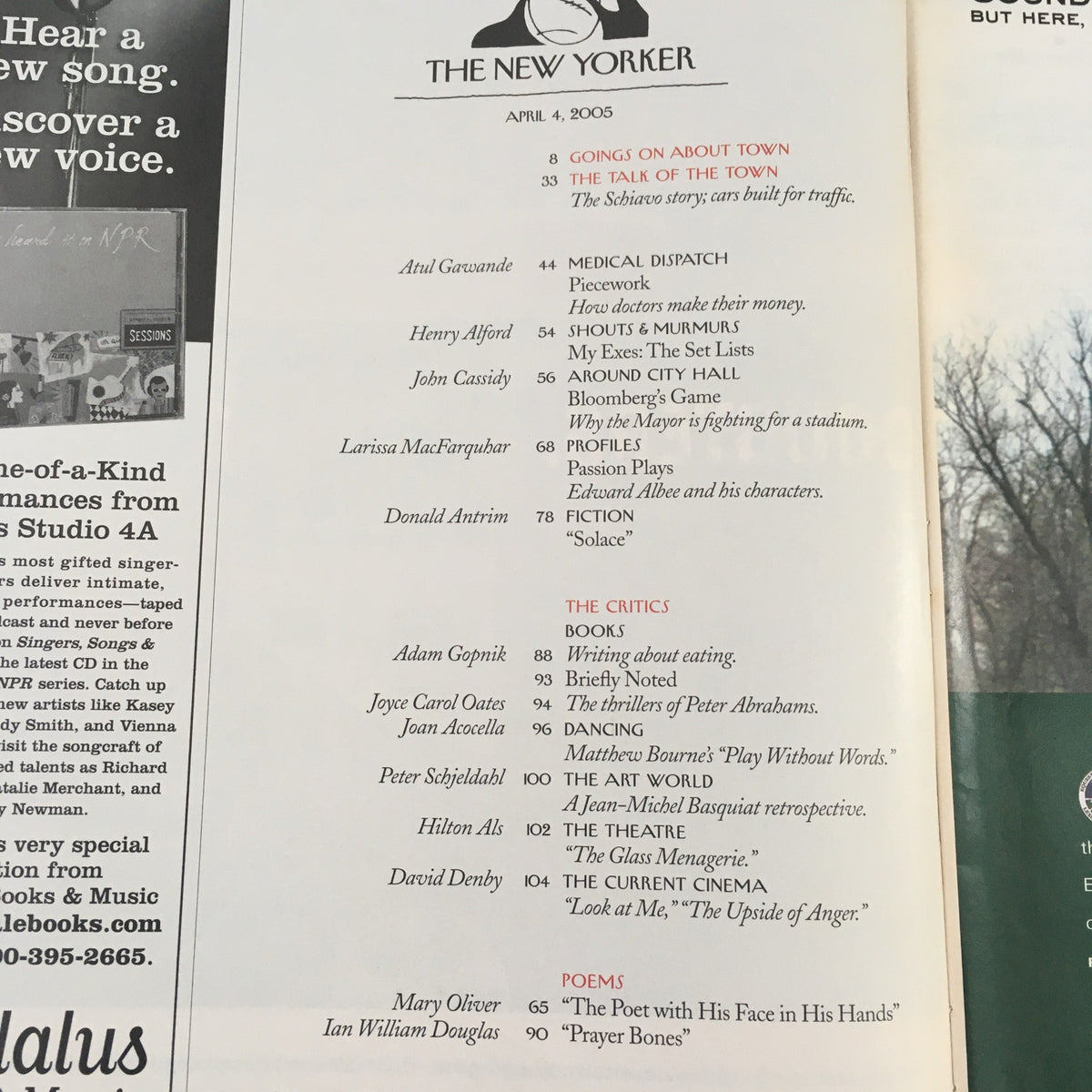 Contents page of The New Yorker magazine, April 4, 2005, listing articles and features including commentary from various writers and critics.