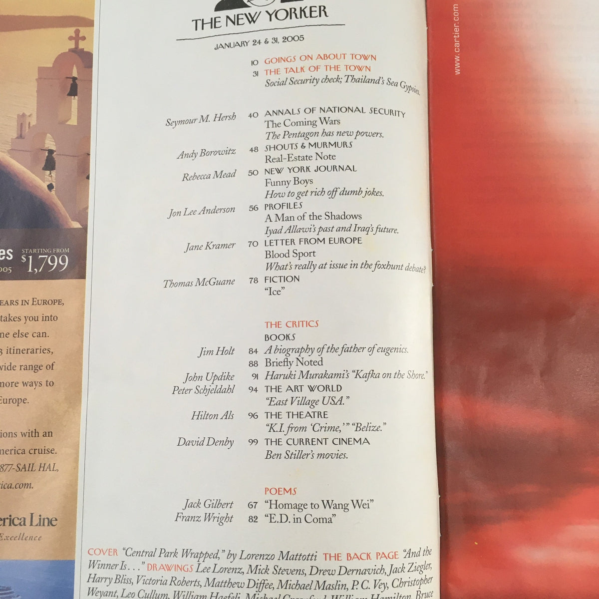 Inside page of The New Yorker Magazine January 24 2005 showing the table of contents including articles, poems, and critics.