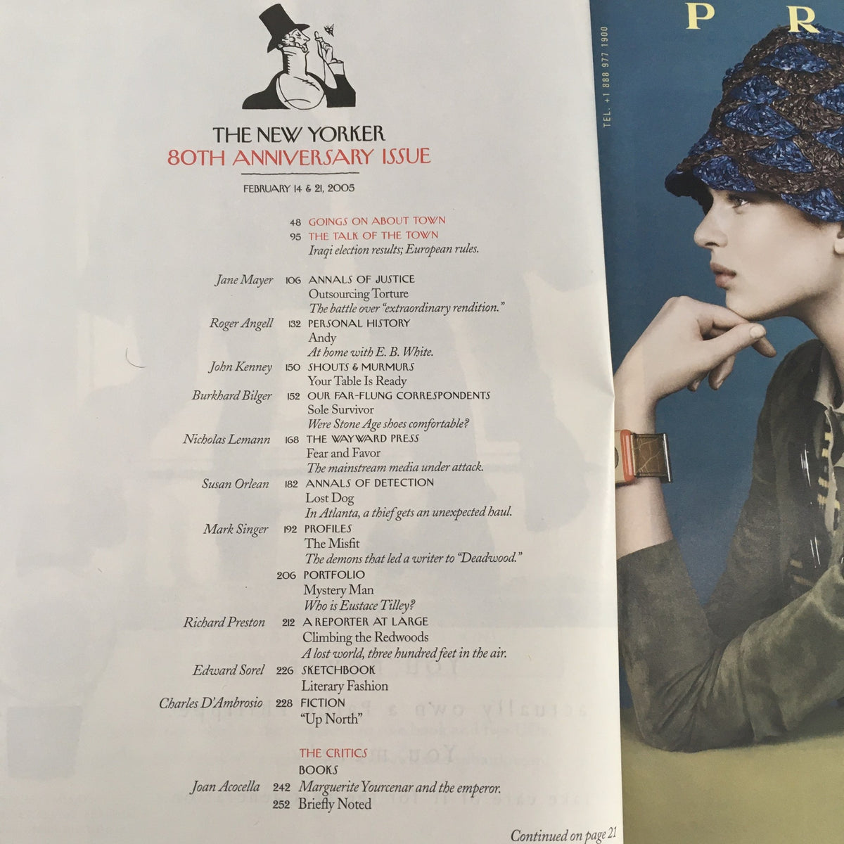 Table of contents from The New Yorker 80th Anniversary issue, dated February 14, 2005, showcasing featured articles and authors.