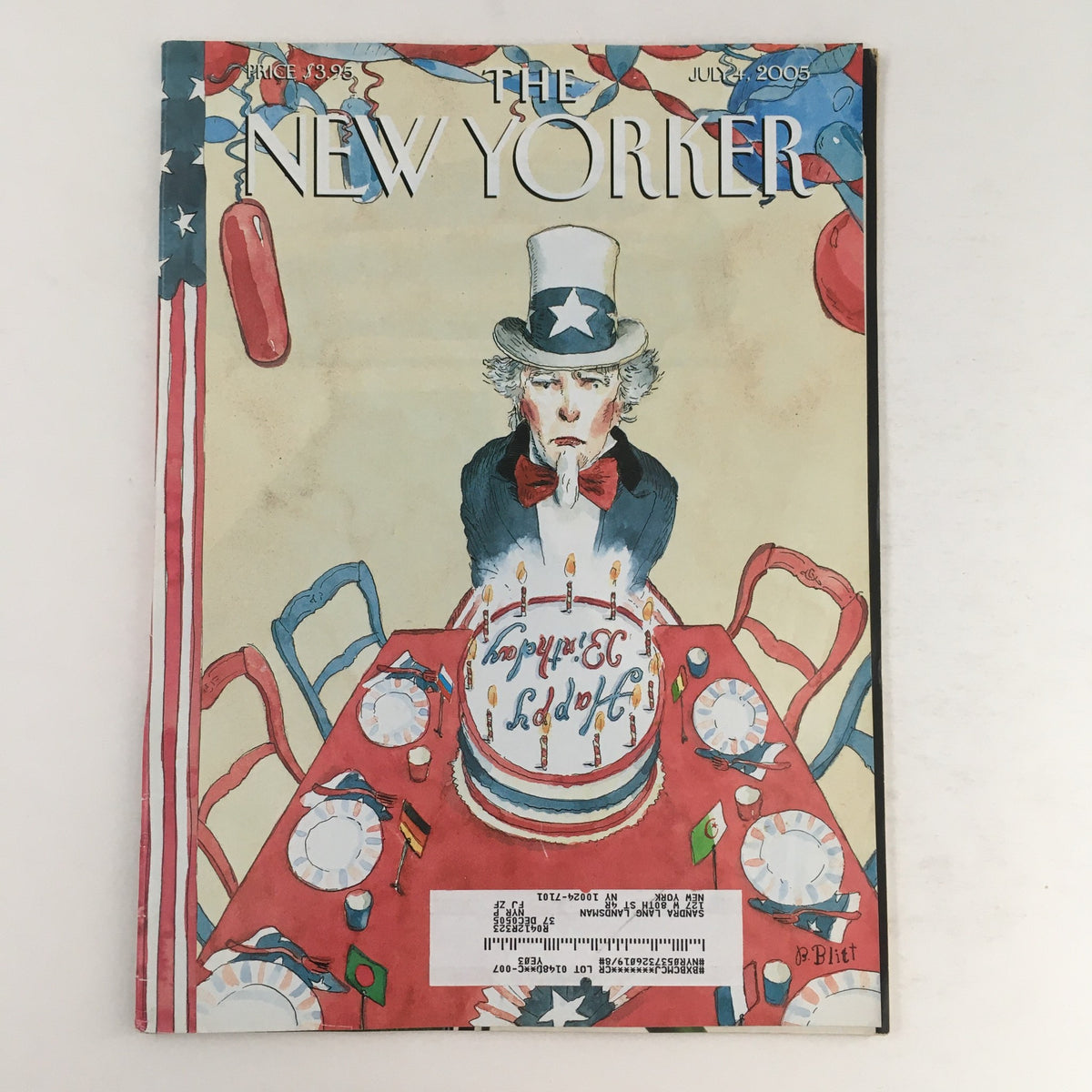 The New Yorker Full Magazine July 4 2005 cover featuring Barry Blitt's illustration of a somber figure at a festive table with a cake, symbolizing American Independence Day celebrations.