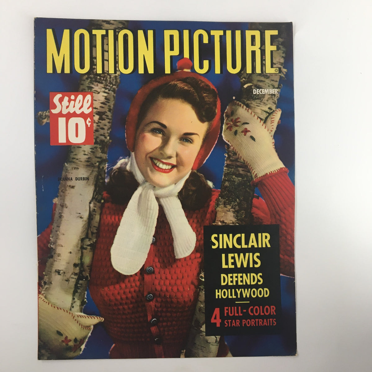Cover of Motion Picture Magazine December 1942 with Deanna Durbin, displaying vibrant colors and details perfect for framing, a must-have for classic film enthusiasts.
