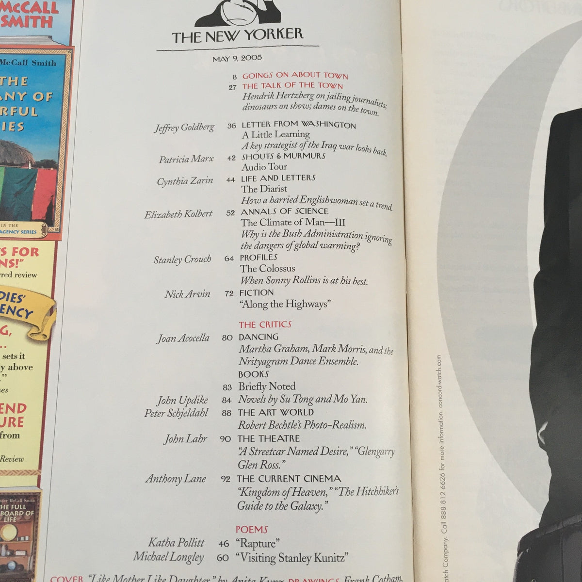 The New Yorker Full Magazine May 9 2005 showing the contents page with a list of featured articles and authors, including 'Going On About Town' and various cultural commentary.