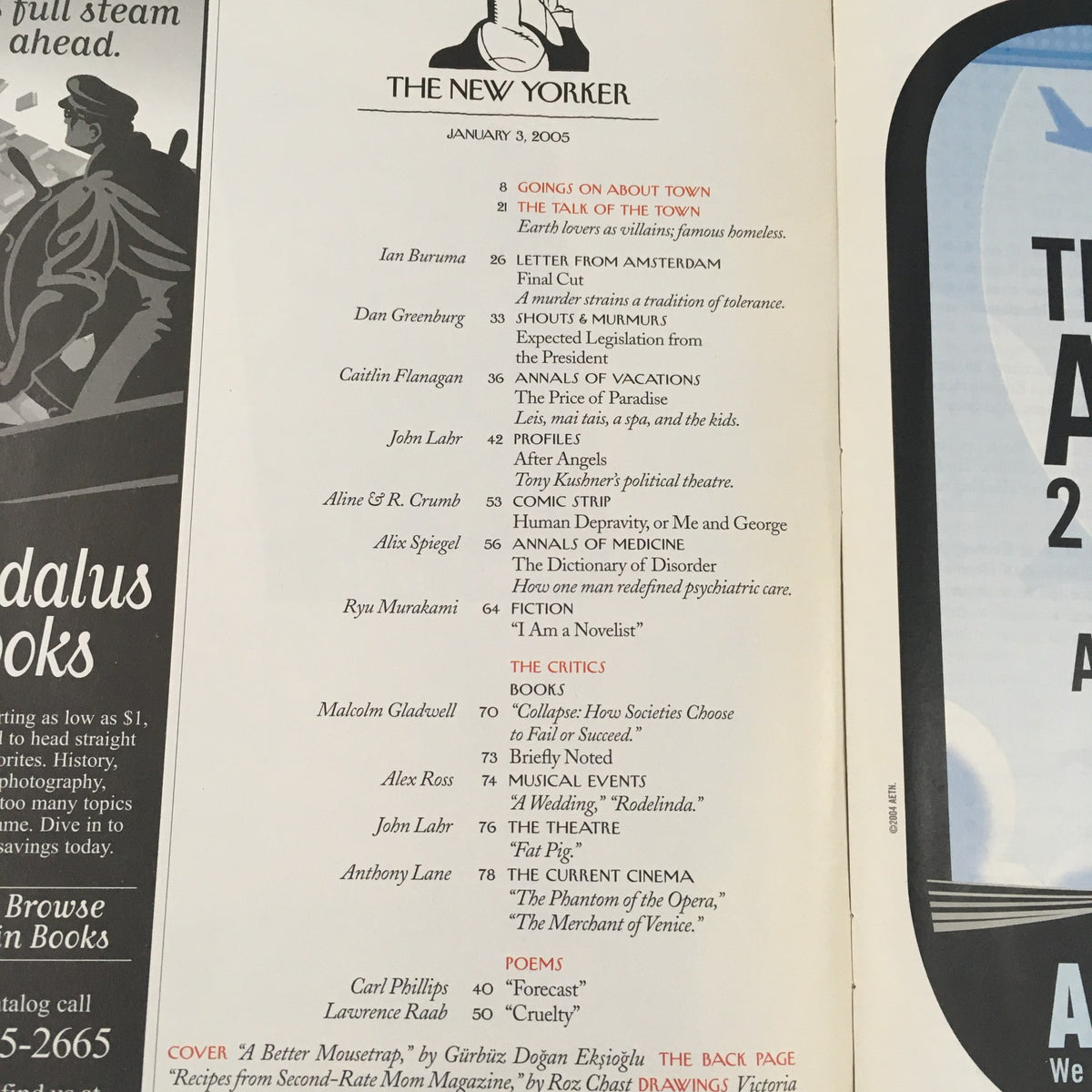 The New Yorker Magazine January 3 2005 interior page with article titles and a list of contributors