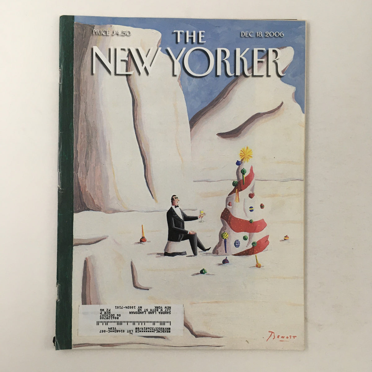 Cover of The New Yorker Full Magazine December 18 2006 featuring a whimsical artwork by Benoit van Innis, depicting a man sitting in a desert landscape with a decorative cake.