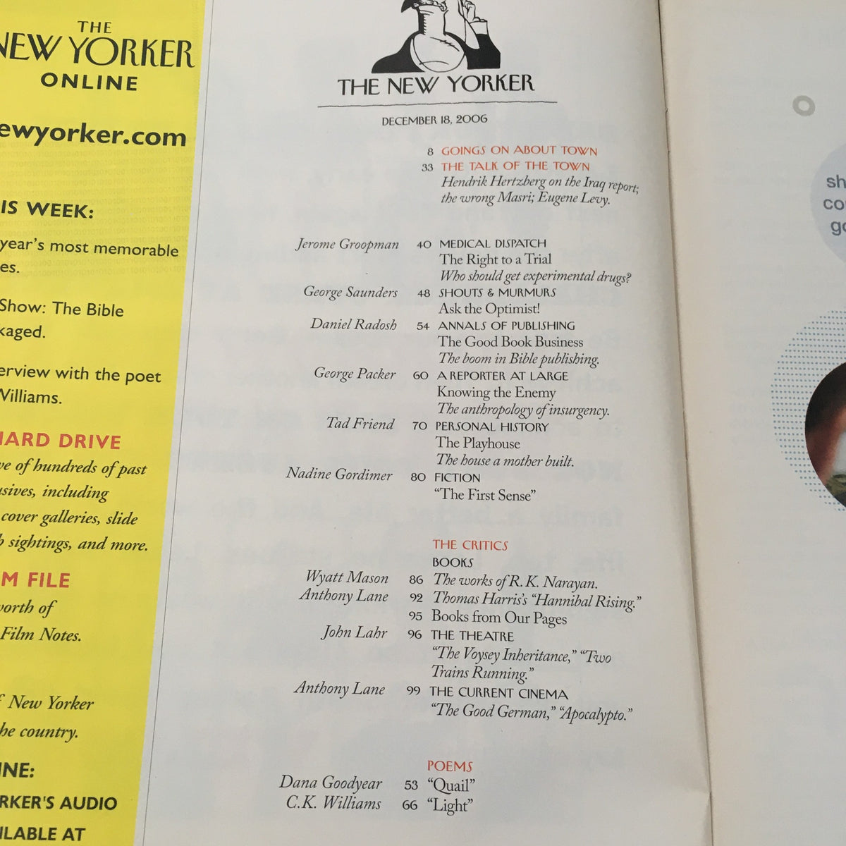 Table of contents from The New Yorker Full Magazine December 18 2006, detailing featured articles and authors including Jerome Groopman, Nadine Gordimer, and Anthony Lane.