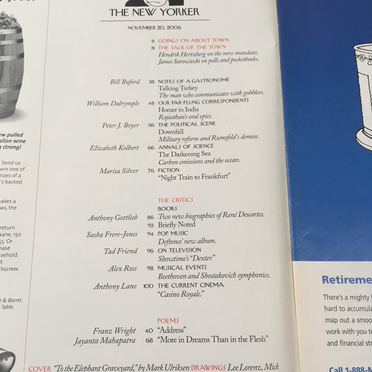 Table of contents for The New Yorker Magazine November 20, 2006, detailing featured articles including 'Going on About Town' and contributions from various authors.