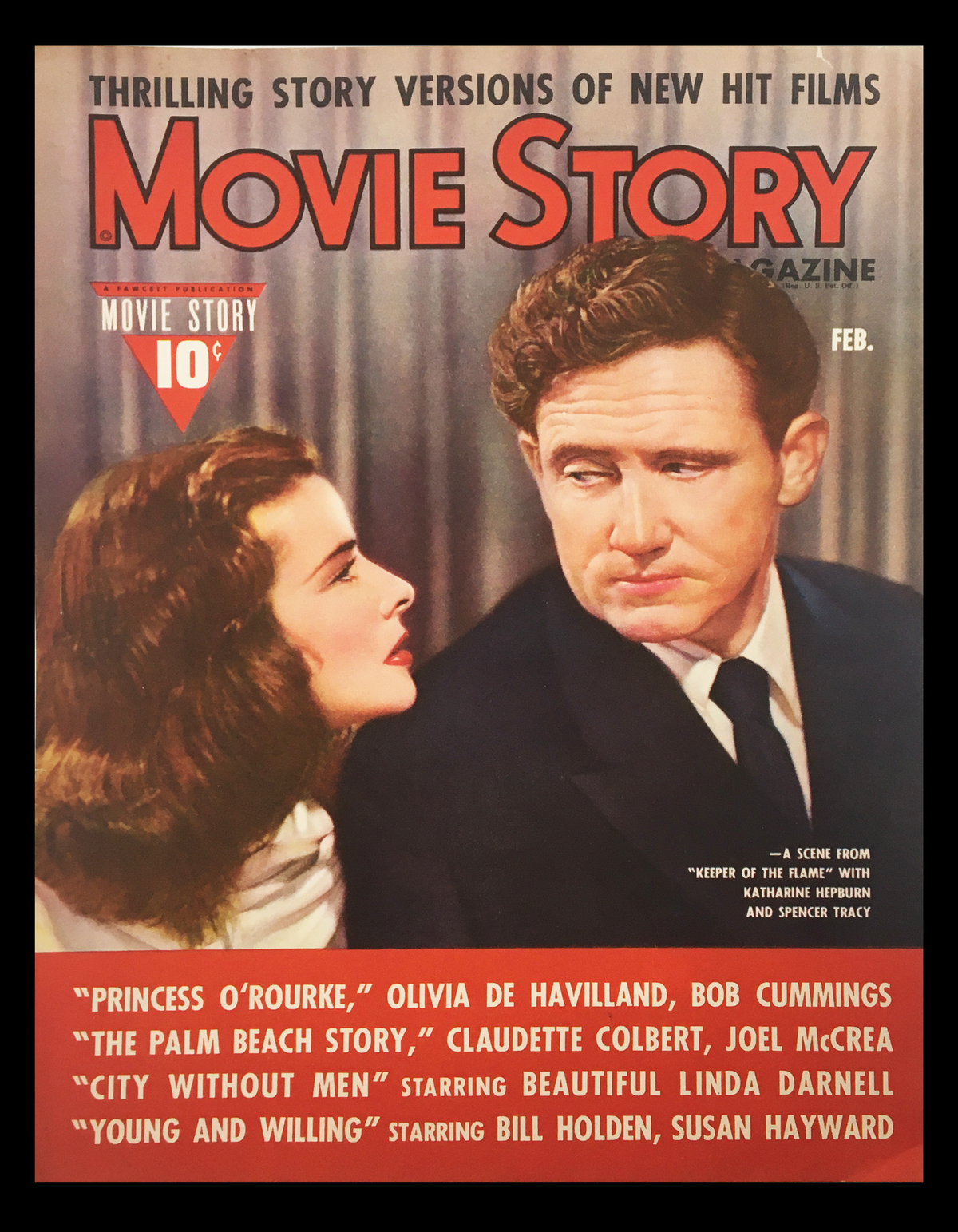 COVER ONLY Movie Story Magazine February 1943 featuring Katharine Hepburn and Spencer Tracy. The magazine cover showcases iconic Hollywood typography with a vintage design, highlighting various films and stories of the era.
