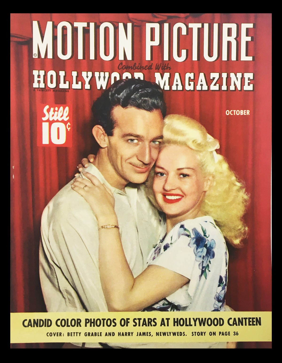 COVER ONLY Motion Picture Hollywood Magazine October 1943 featuring Betty Grable and Harry James, highlighting the glamour of 1940s Hollywood.