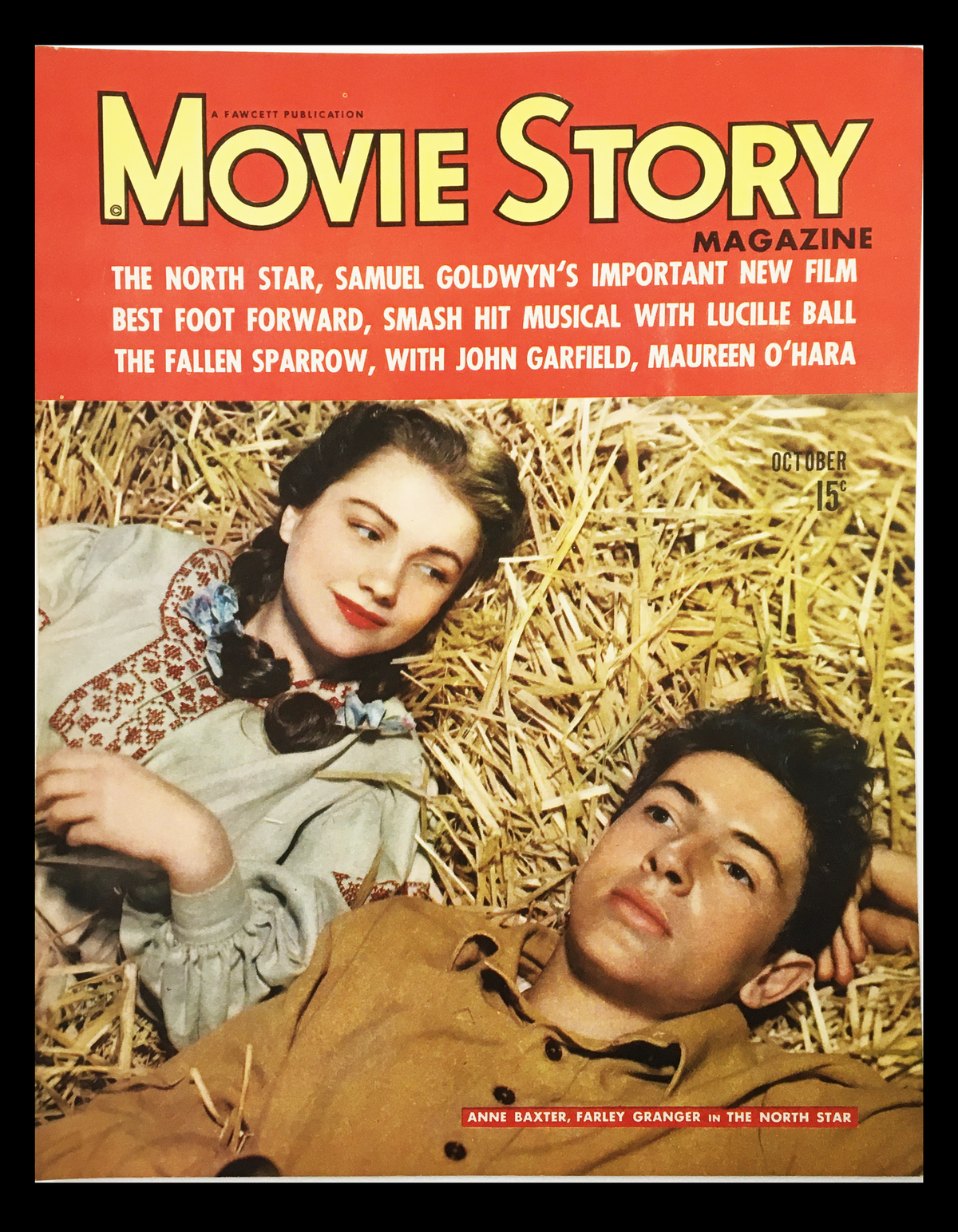 COVER ONLY Movie Story Magazine from October 1943 featuring the cover image with Anne Baxter and Farley Granger in The North Star, perfect for vintage cinema collectors.