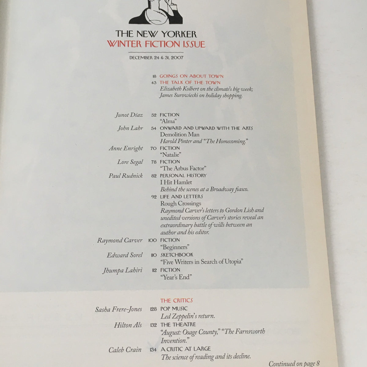 The New Yorker Full Magazine December 24 2007 Winter Fiction Issue contents page listing notable authors and stories.