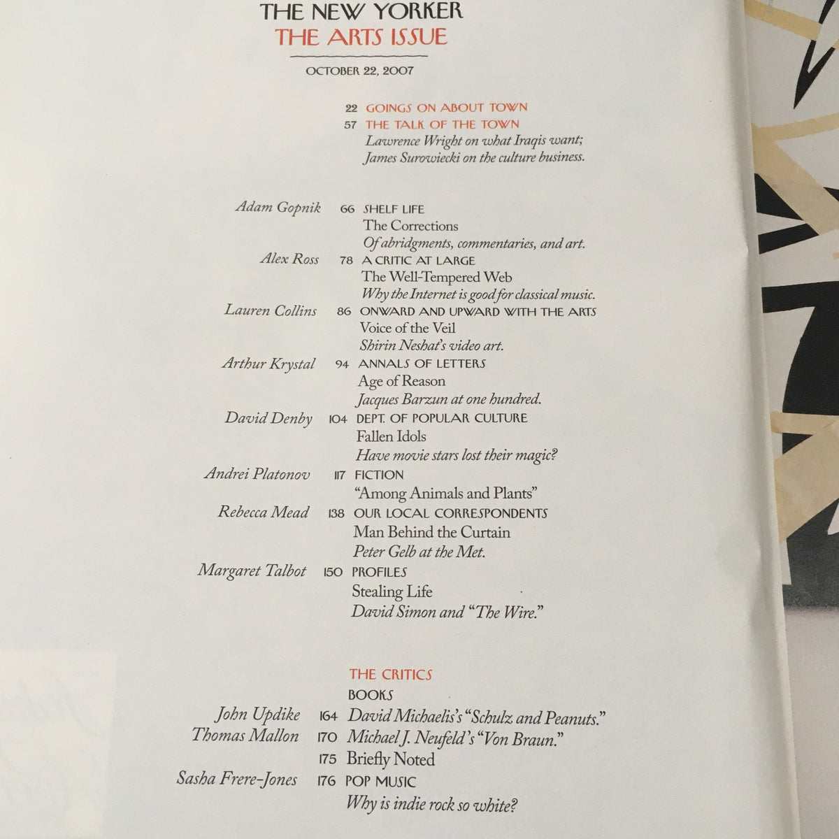 Interior page of The New Yorker Magazine, October 22, 2007, displaying table of contents for The Arts Issue, listing featured articles and contributors.