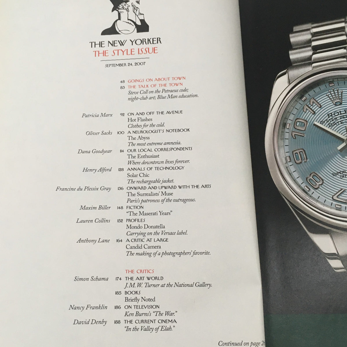 Interior page of The New Yorker Full Magazine September 24 2007 showcasing the table of contents, highlighting various articles including 'Goes On About Town' and contributions from notable writers.