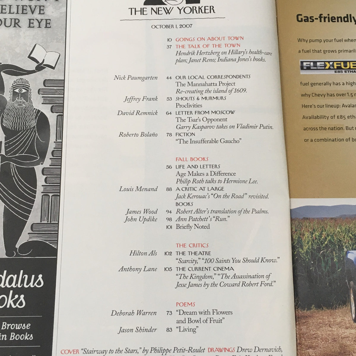 Table of contents from The New Yorker Magazine October 1, 2007 listing articles including 'Goes On About Town' and contributions from various writers.