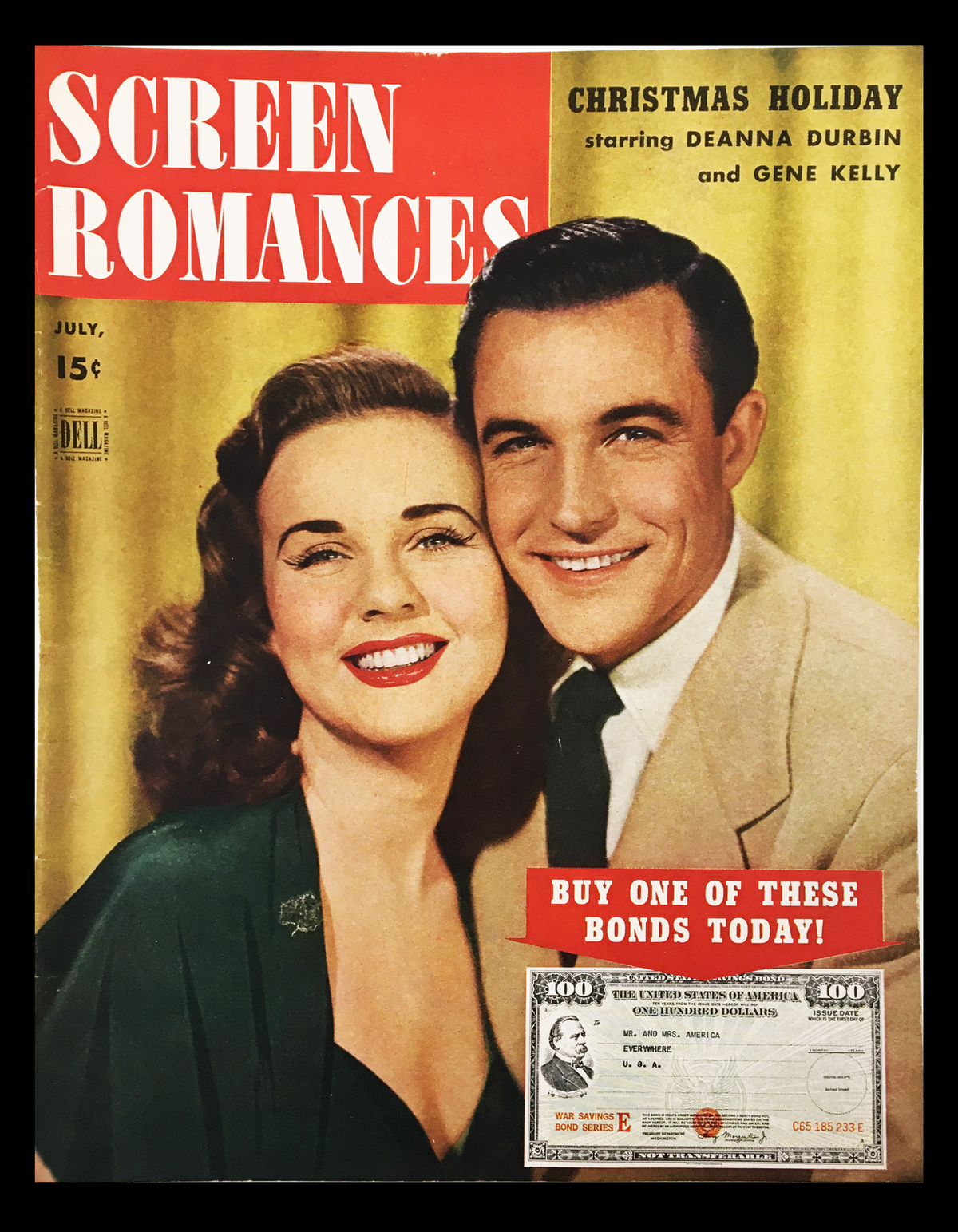 COVER ONLY Screen Romances Magazine July 1944 featuring Deanna Durbin and Gene Kelly, showcasing a vintage design with a promotional message about buying bonds.