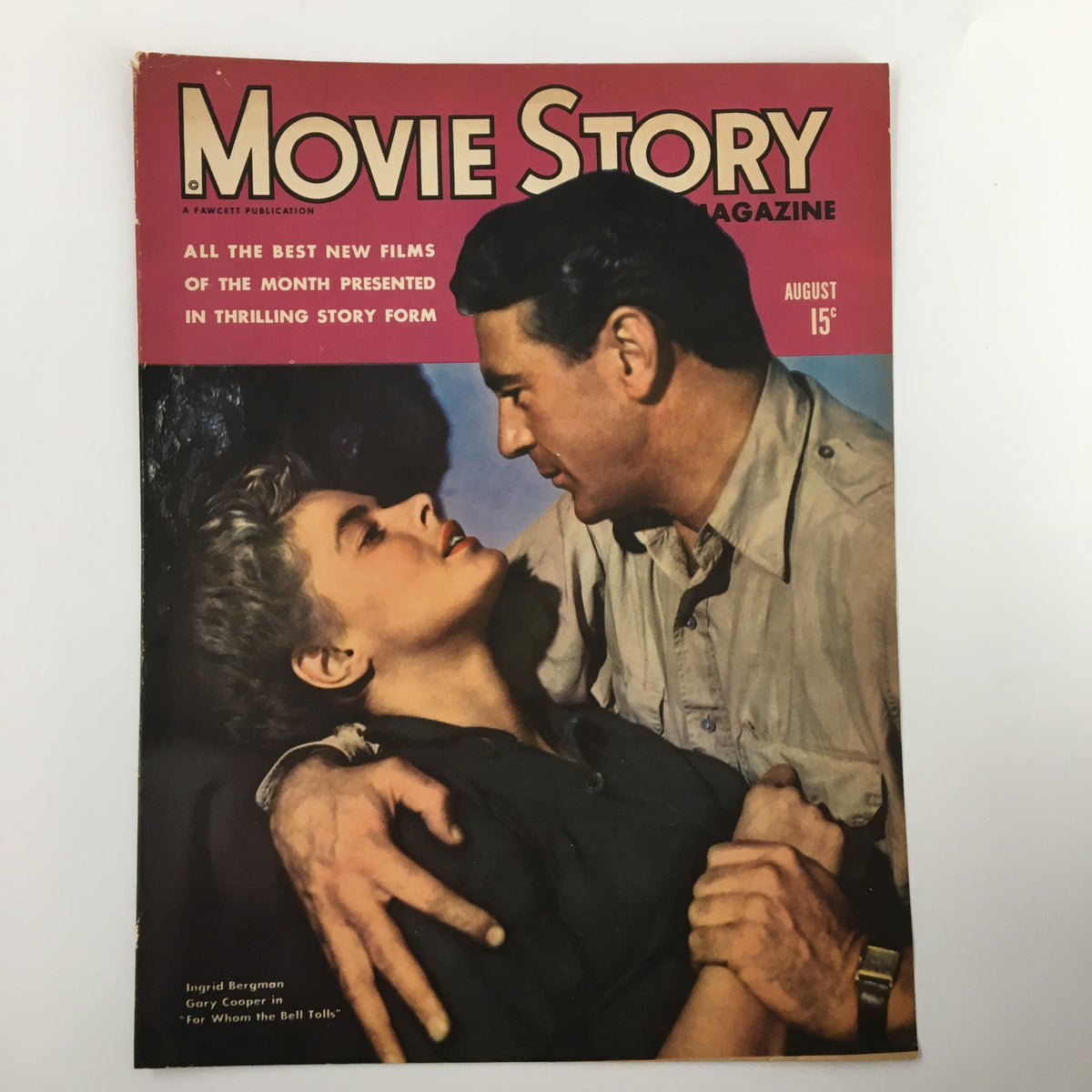 COVER ONLY Movie Story Magazine August 1943 featuring Ingrid Bergman and Gary Cooper. This vintage magazine cover captures the glamour of Hollywood's golden age with a striking image of the iconic film stars.