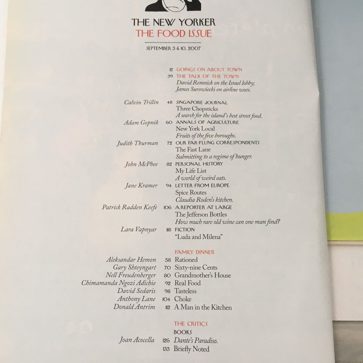 Inside page of The New Yorker September 3 2007 listing articles in 'The Food Issue', emphasizing the magazine's rich cultural commentary.