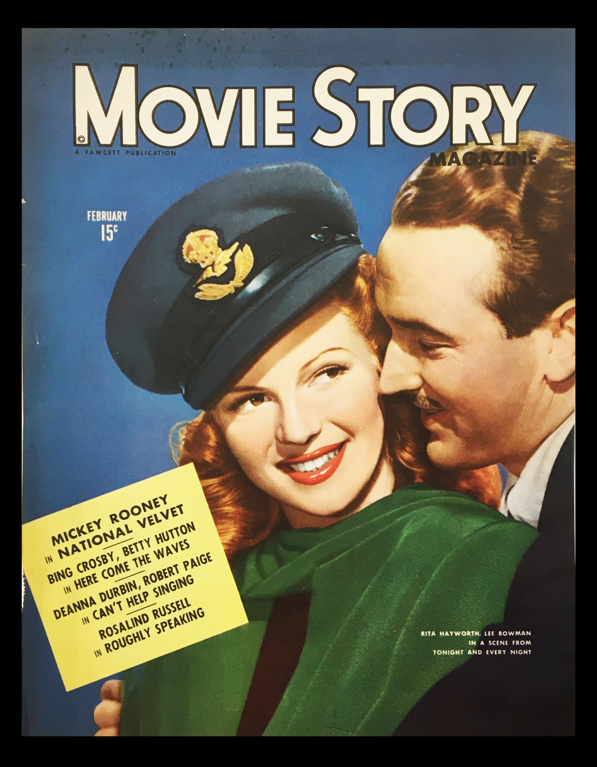 COVER ONLY Movie Story Magazine February 1945 featuring Rita Hayworth and Lee Bowman, showcasing vibrant vintage design and classic Hollywood charm.